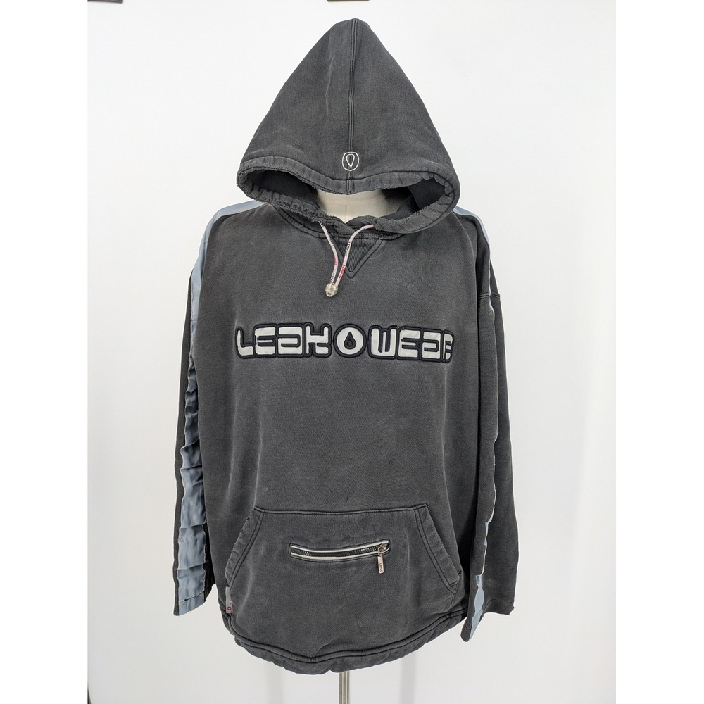 Vintage 90s Leak Wear XL Black Thrashed Hoodie Hip Hop Y2K Embroidered Skater